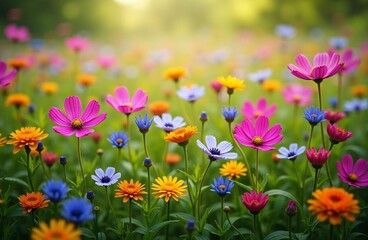 Fototapeta premium Beautiful Garden of Vibrant Cosmos Flowers in Full Bloom—A Colorful Landscape of Nature's Bounty