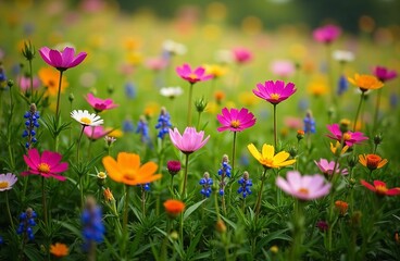 Fototapeta premium Beautiful Garden of Vibrant Cosmos Flowers in Full Bloom—A Colorful Landscape of Nature's Bounty