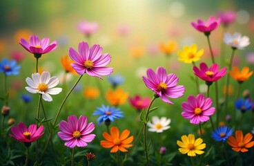 Obraz premium Beautiful Garden of Vibrant Cosmos Flowers in Full Bloom—A Colorful Landscape of Nature's Bounty