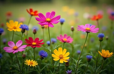Fototapeta premium Beautiful Garden of Vibrant Cosmos Flowers in Full Bloom—A Colorful Landscape of Nature's Bounty