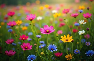 Fototapeta premium Beautiful Garden of Vibrant Cosmos Flowers in Full Bloom—A Colorful Landscape of Nature's Bounty