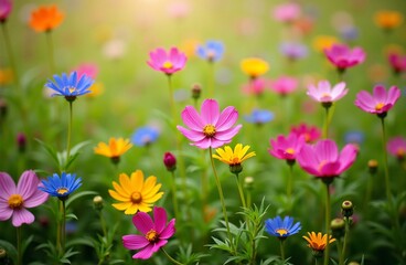 Fototapeta premium Beautiful Garden of Vibrant Cosmos Flowers in Full Bloom—A Colorful Landscape of Nature's Bounty