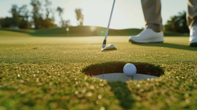 Golfer lining up shot near hole on sunny day with clear skies. Serene atmosphere, close-up of ball near hole, white shoes on lush green course, golf club in foreground