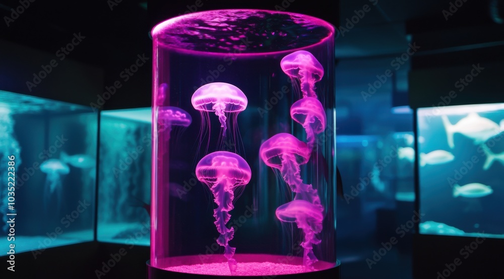 Poster a tall, cylindrical tank is filled with glowing pink jellyfish floating within it. the background is