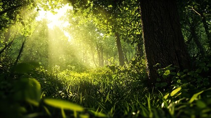 Obraz premium sun rays in the forest during morning