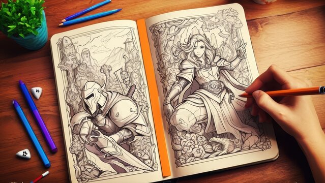 Sketchbook open to eight detailed fantasy warrior drawings, surrounded by colored pencils on a wooden surface, showcasing intricate armor designs.