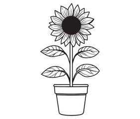 Sunflower flower outline illustration coloring book page design. Sunflower in a pot, Black and white flower
