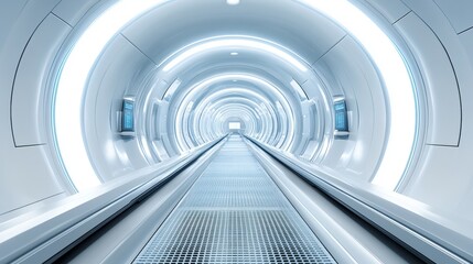 Futuristic White Tunnel with Moving Walkway and Bright Lights