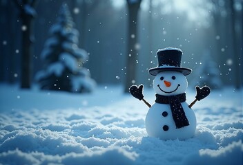 Obraz premium Adorable Snowman Smiling in a Winter Wonderland - A Magical Moment for Christmas and the Holiday Season