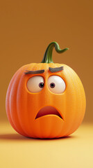 An illustrated pumpkin character looking confused. Halloween autumn banner with copy space