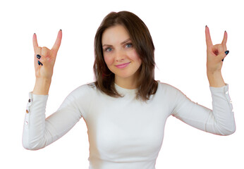 Young woman showing rock and roll hand gesture isolated over transparent background.