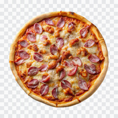 delicious pizza with ham and bacon slices, mozzarella cubes, tomatoes, bell pepper png design 