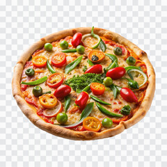 delicious pizza with ham and bacon slices, mozzarella cubes, tomatoes, bell pepper png design 