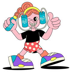 Character holding two water bottles labeled 'H2O' – A cheerful cartoon character enthusiastically holding up two water bottles, promoting hydration and a healthy lifestyle