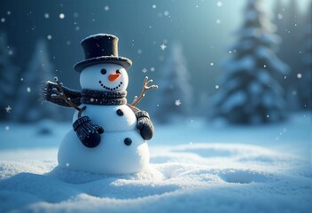 Fototapeta premium Smiling Snowman in a Winter Wonderland - A Magical Christmas Holiday Scene