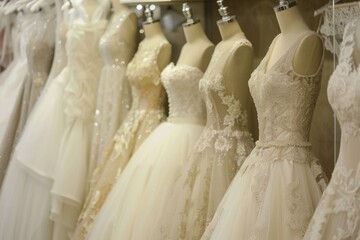 Row of wedding dresses on display in a store