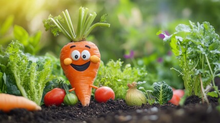 Happy cartoon carrot character in a vibrant vegetable garden scene