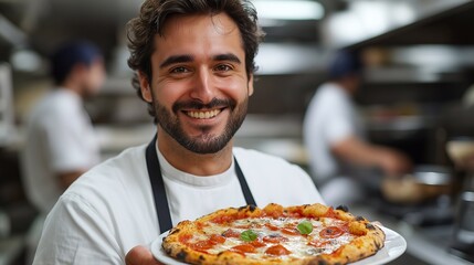 male chef holding pizza,pizzeria