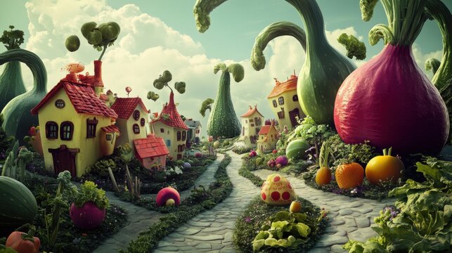 Whimsical village with oversized vegetables and cartoonish houses. Dreamy landscape