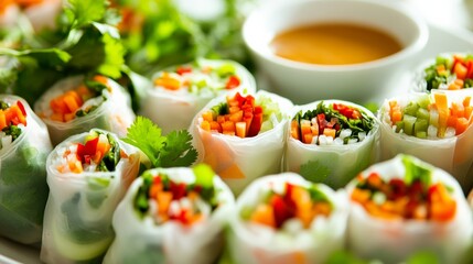 A colorful array of fresh vegetable spring rolls, served with a side of peanut dipping sauce, Rolls arranged in a fan pattern