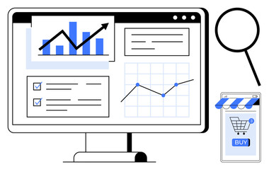 Fototapeta premium Monitor with graphs, charts, and data forms, a mobile shopping cart with buy button, and a magnifying glass. Ideal for data analysis, business growth, e-commerce, online shopping, and technology