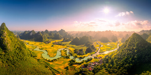 Aerial landscape in Phong Nam valley, Cao bang province, Vietnam with river, nature, rice fields, beautiful destination in Northern Vietnam © CravenA