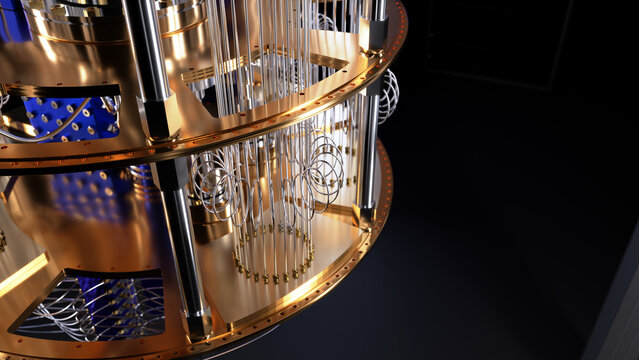 3d render of a quantum computer at an oblique camera angle.