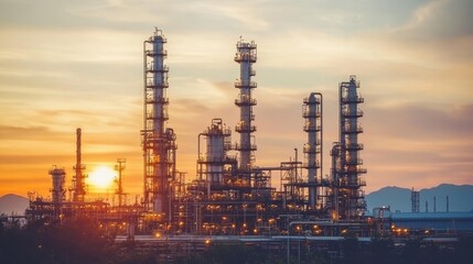 Industrial Refinery Silhouette at Sunset with Dramatic Sky