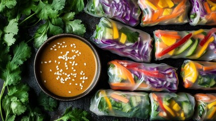 A colorful array of fresh vegetable spring rolls, served with a side of peanut dipping sauce, Rolls arranged in a fan pattern