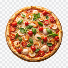 delicious pizza with ham and bacon slices, mozzarella cubes, tomatoes, bell pepper png design 