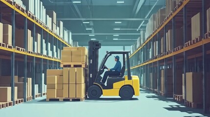Warehouse worker driving forklift moving boxes in logistics center