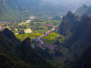 Aerial landscape in Phong Nam valley, Cao bang province, Vietnam with river, nature, rice fields, beautiful destination in Northern Vietnam