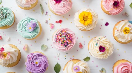 A colorful array of gourmet cupcakes topped with buttercream frosting and sprinkles, Cupcakes arranged in a circular pattern, Soft natural light for a whimsical vibe