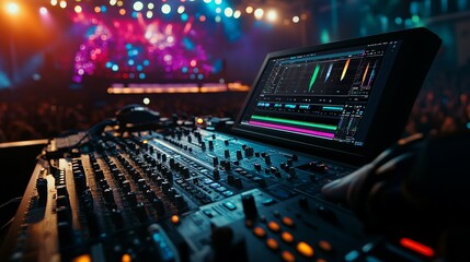 Photo of a close-up shot of professional video editing and color grading on a digital screen in a film studio with a live show or concert stage background.