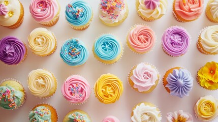 A colorful array of gourmet cupcakes topped with buttercream frosting and sprinkles, Cupcakes arranged in a circular pattern, Soft natural light for a whimsical vibe