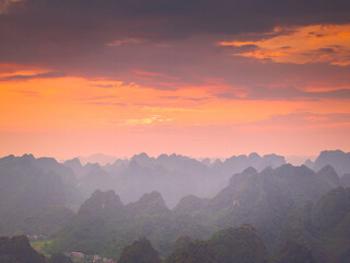 Aerial landscape in Phong Nam valley, Cao bang province, Vietnam with river, nature, rice fields, beautiful destination in Northern Vietnam