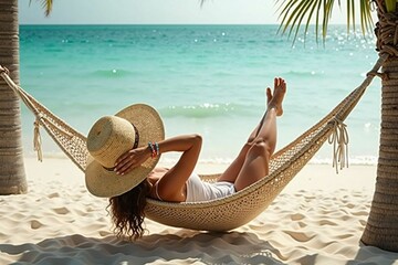 Luxury Relaxation on a Tropical Beach – A Woman Enjoying an Exotic Getaway in a Hammock by the Sea