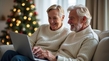 Elderly couple enjoying quality time together while browsing on a laptop in their cozy living room during the holiday season