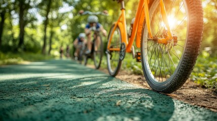 Close up of Bicycle Wheel on Green Path in Forest