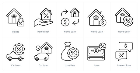 A set of 10 Loan and Debt icons as pledge, home loan, car loan