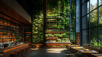 Fototapeta premium Eco-Friendly Vertical Garden in an Urban Restaurant