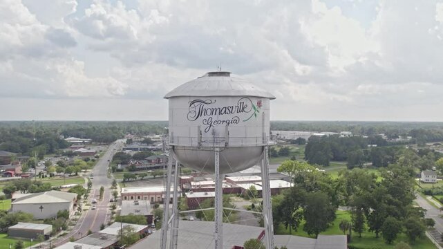 Aerial view of a beautiful suburban cityscape with a water tower, trees, and buildings under a cloudy sky, Thomasville, United States.
