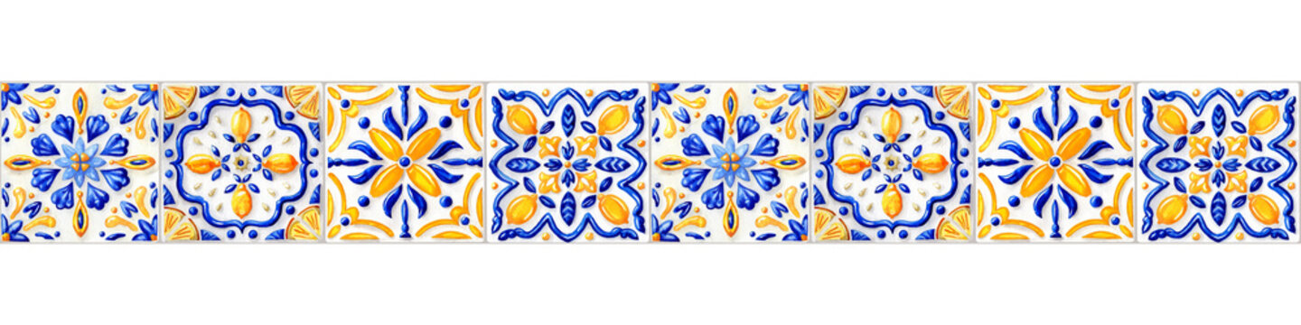Long Border with different glased Tiles in aquarelle Technique