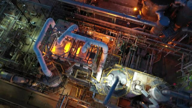 Aerial view of illuminated oil refinery complex with pipes and machinery at night, Richmond, California, United States.