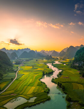 Aerial landscape in Phong Nam valley, Cao bang province, Vietnam with river, nature, rice fields, beautiful destination in Northern Vietnam
