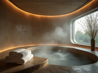 Obraz premium Luxurious spa room with a steam pool, rolled towels, warm lighting, and large window offering a serene view of nature outside