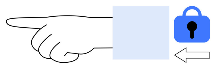 Hand pointing left towards blue lock icon with an arrow pointing right emphasizing security and direction concept. Ideal for navigation, security systems, guides, confidentiality, digital safety