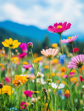 Fototapeta Multicolor Cosmos meadow field spring