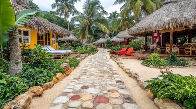 Tropical Resort Pathway with Palm Trees  Thatched Roof Cabanas  and Stone Path