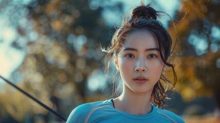 A woman holding a golf club in a lush green park, perfect for leisurely activities